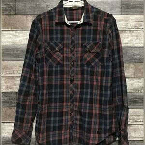 OUTPOST Makers button-down flannel shirt, men's size LG maroon blue black gray